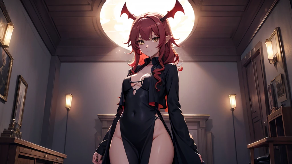 Best god quality, NO EXTRAS, detailed, a dark room with moonlight shining in, no windows, dark bedroom, minimal lights, confident succubus girl, succubus in long dress, perfect anatomy, She is alone in a room at night, exposed thighs, inside bedroom, she's standing alone in an empty room, inside a bedroom, pointy ears, dark skin, she has red hair, cute, big yellow eyes, looking at camera, red wavy hair, red hair, looking at viewer, cute, adorable, solo, yellow eyes, slender dress, mischievous look, excited expression, smug, (((SOLO))), (girl in middle standing