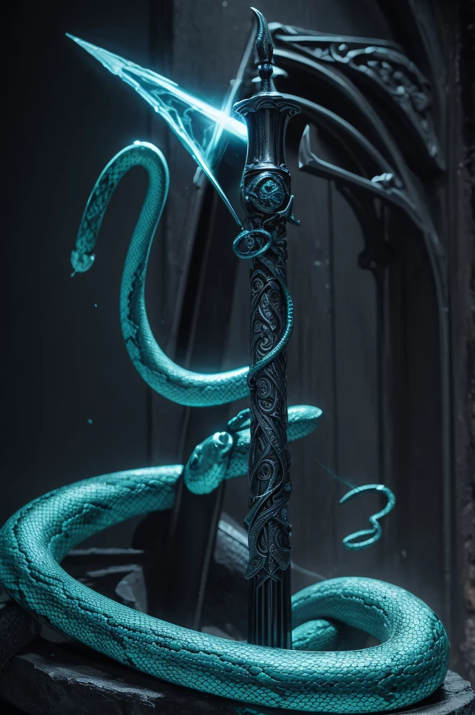 a wand, black in color, with a serpent around it