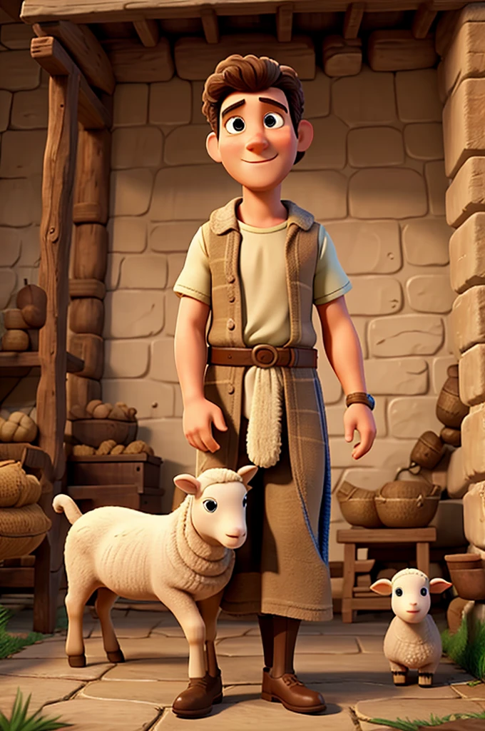 David biblical character, taking care of a sheep, disney pixar style