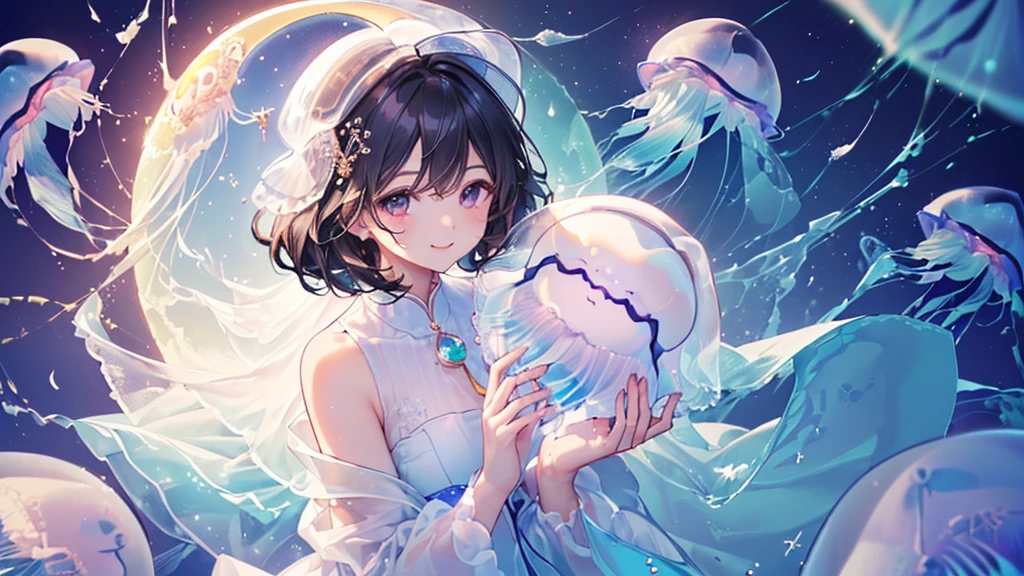 (((Highest quality、Cute moon jellyfish、masterpiece、Ultra-fine、Ultra-fine、Exquisite、16K、Black Hair、Full HD、Asahi、))) 、 ((((The best smile,Angle from above)))、((The best smile)) 、(A magnificent proposal