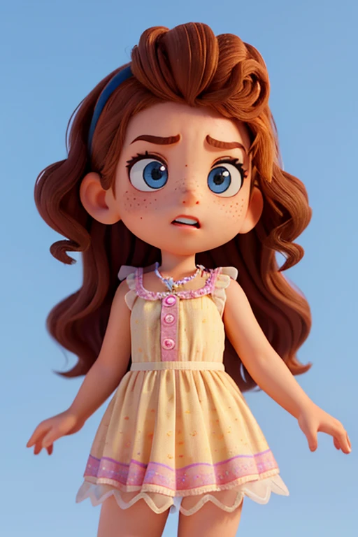 Create a highly detailed Pixar animation-style image of a female character named Isadora. Isadora is a 7-year-old girl who lives in Brazil. She has curly brown hair, brown eyes and freckles on her face. She loves to wear colorful clothes. The image should be a medium frontal photo of Isadora with a pastel blue background. In this image, Isadora is angry