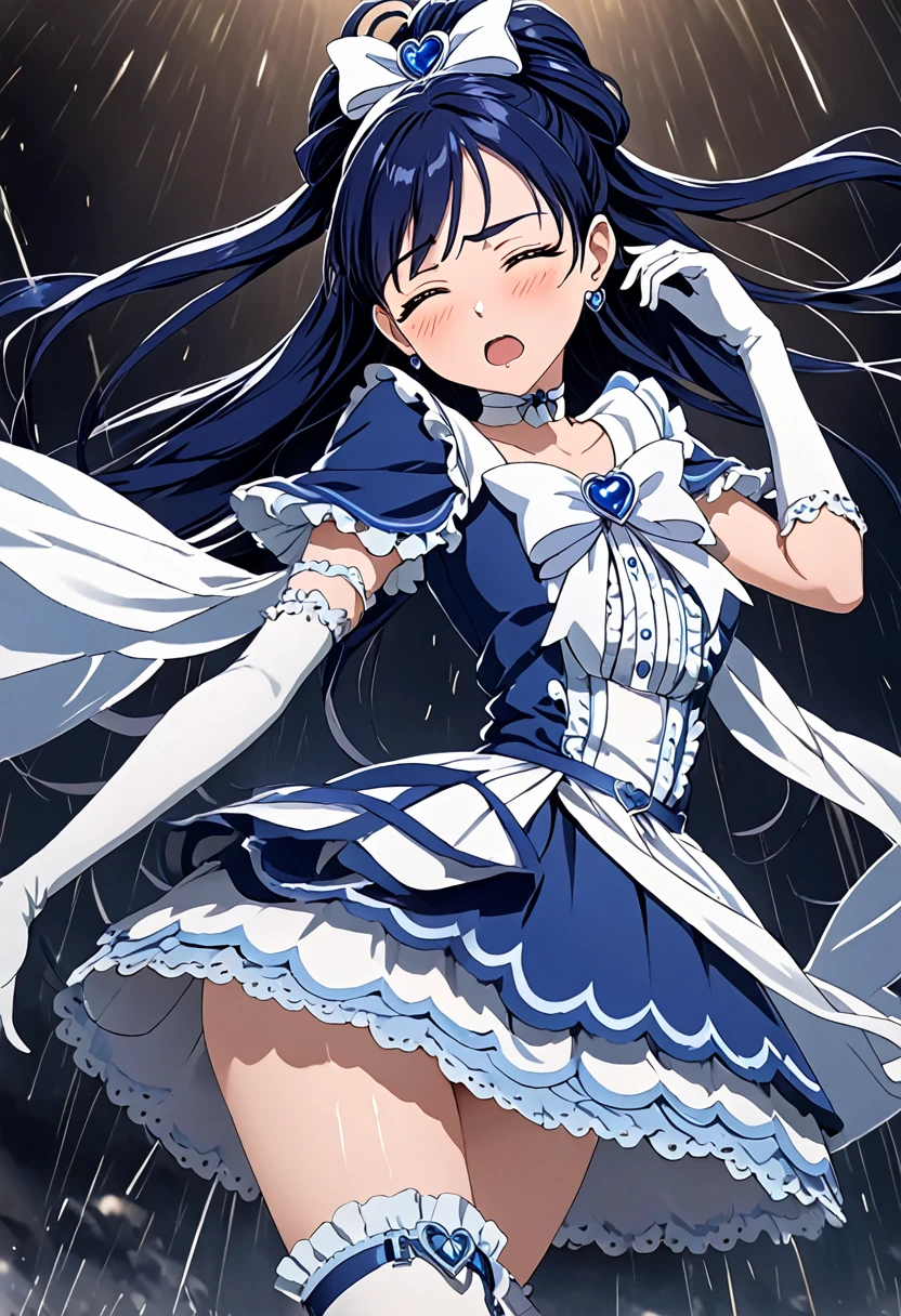 (She is suffering from being bitten on the arm by a man:1.5)、Cure White,hair ribbon,Chest ribbon,big ribbon, mini skirt, white choker, thigh straps, elbow gloves, heart brooch,Heart Earrings,detailed hair and outfit, long flowing dark blue hair, white and blue frilly dress, white gloves and boots, blushing, feeling pain, suffering from arm being bitten by enemy, dynamic and intense scene, background with sound waves, eyes closed, masterpiece, best quality, highly detailed background, perfect lighting, (beautiful, best quality: 1.1), masterpiece, perfect eyes, (beautiful), (erotic: 1.2)