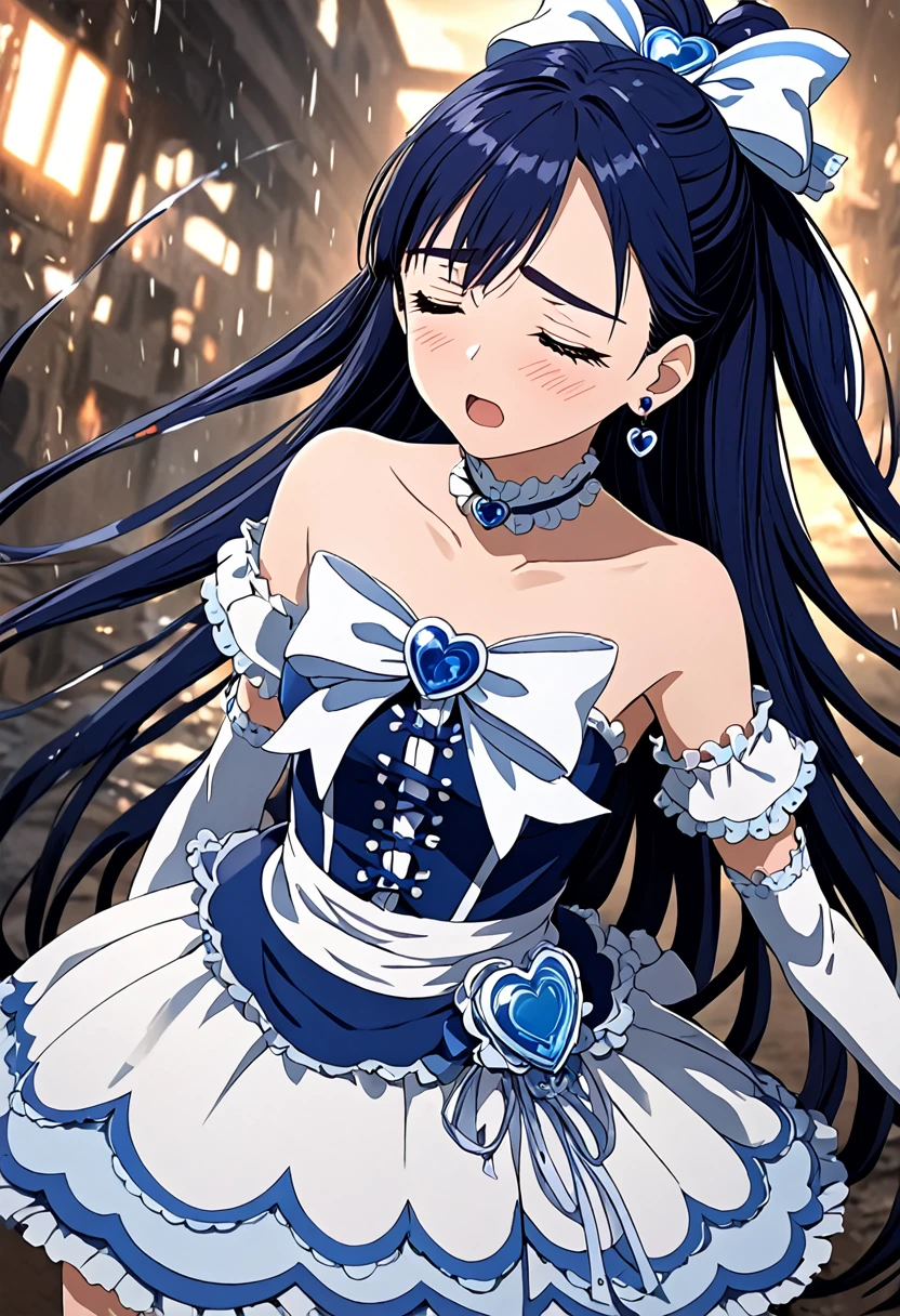 (She is suffering from being bitten on the arm by a man:1.5)、Cure White,hair ribbon,Chest ribbon,big ribbon, mini skirt, white choker, thigh straps, elbow gloves, heart brooch,Heart Earrings,detailed hair and outfit, long flowing dark blue hair, white and blue frilly dress, white gloves and boots, blushing, feeling pain, suffering from arm being bitten by enemy, dynamic and intense scene, background with sound waves, eyes closed, masterpiece, best quality, highly detailed background, perfect lighting, (beautiful, best quality: 1.1), masterpiece, perfect eyes, (beautiful), (erotic: 1.2)