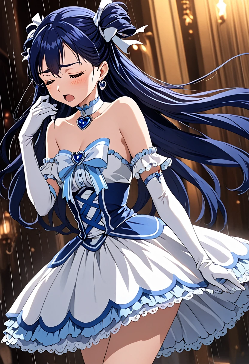 (She is suffering from being bitten on the arm by a man:1.5)、Cure White,hair ribbon,Chest ribbon,big ribbon, mini skirt, white choker, thigh straps, elbow gloves, heart brooch,Heart Earrings,detailed hair and outfit, long flowing dark blue hair, white and blue frilly dress, white gloves and boots, blushing, feeling pain, suffering from arm being bitten by enemy, dynamic and intense scene, background with sound waves, eyes closed, masterpiece, best quality, highly detailed background, perfect lighting, (beautiful, best quality: 1.1), masterpiece, perfect eyes, (beautiful), (erotic: 1.2)