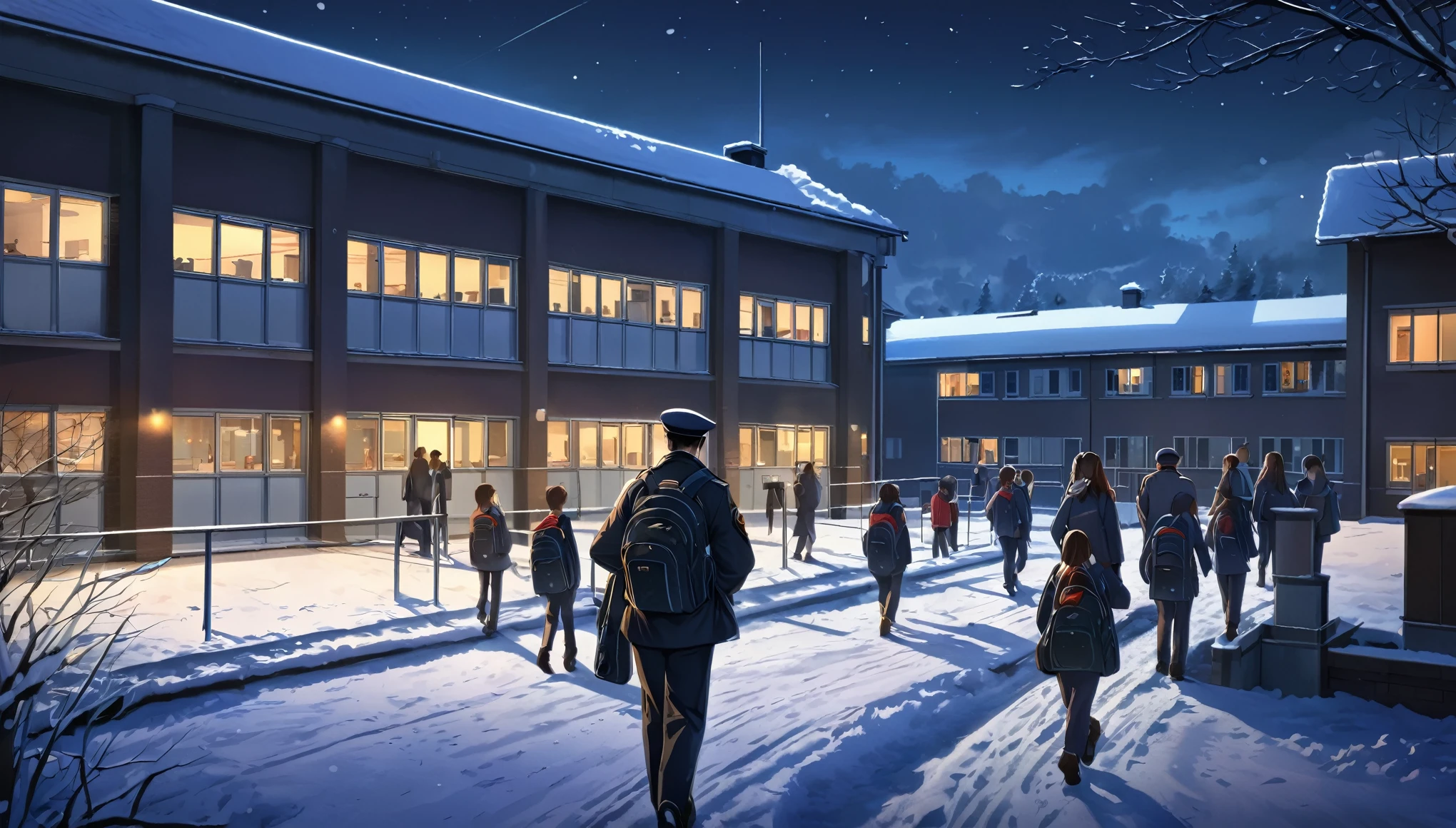 snowy, nightime, carrying distant echoes of footsteps and the occasional murmur of radio chatter from the officers on duty. From his vantage point, the school students walking out of school, Landscape, HDR, High Detailed, dark room. school. beautiful clean school. students getting ready to head home, evening, 