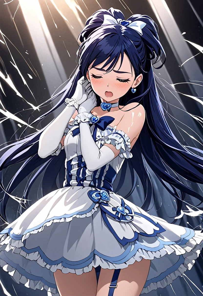 (She is suffering from being bitten on the arm by a man:1.5)、Cure White,hair ribbon,Chest ribbon,big ribbon, mini skirt, white choker, thigh straps, elbow gloves, heart brooch,Heart Earrings,detailed hair and outfit, long flowing dark blue hair, white and blue frilly dress, white gloves and boots, blushing, feeling pain, suffering from arm being bitten by enemy, dynamic and intense scene, background with sound waves, eyes closed, masterpiece, best quality, highly detailed background, perfect lighting, (beautiful, best quality: 1.1), masterpiece, perfect eyes, (beautiful), (erotic: 1.2)