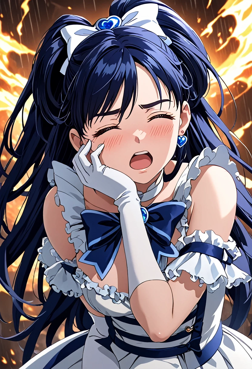 (She is suffering from being bitten on the arm by a man:1.5)、Cure White,hair ribbon,Chest ribbon,big ribbon, mini skirt, white choker, thigh straps, elbow gloves, heart brooch,Heart Earrings,detailed hair and outfit, long flowing dark blue hair, white and blue frilly dress, white gloves and boots, blushing, feeling pain, suffering from arm being bitten by enemy, dynamic and intense scene, background with sound waves, eyes closed, masterpiece, best quality, highly detailed background, perfect lighting, (beautiful, best quality: 1.1), masterpiece, perfect eyes, (beautiful), (erotic: 1.2)