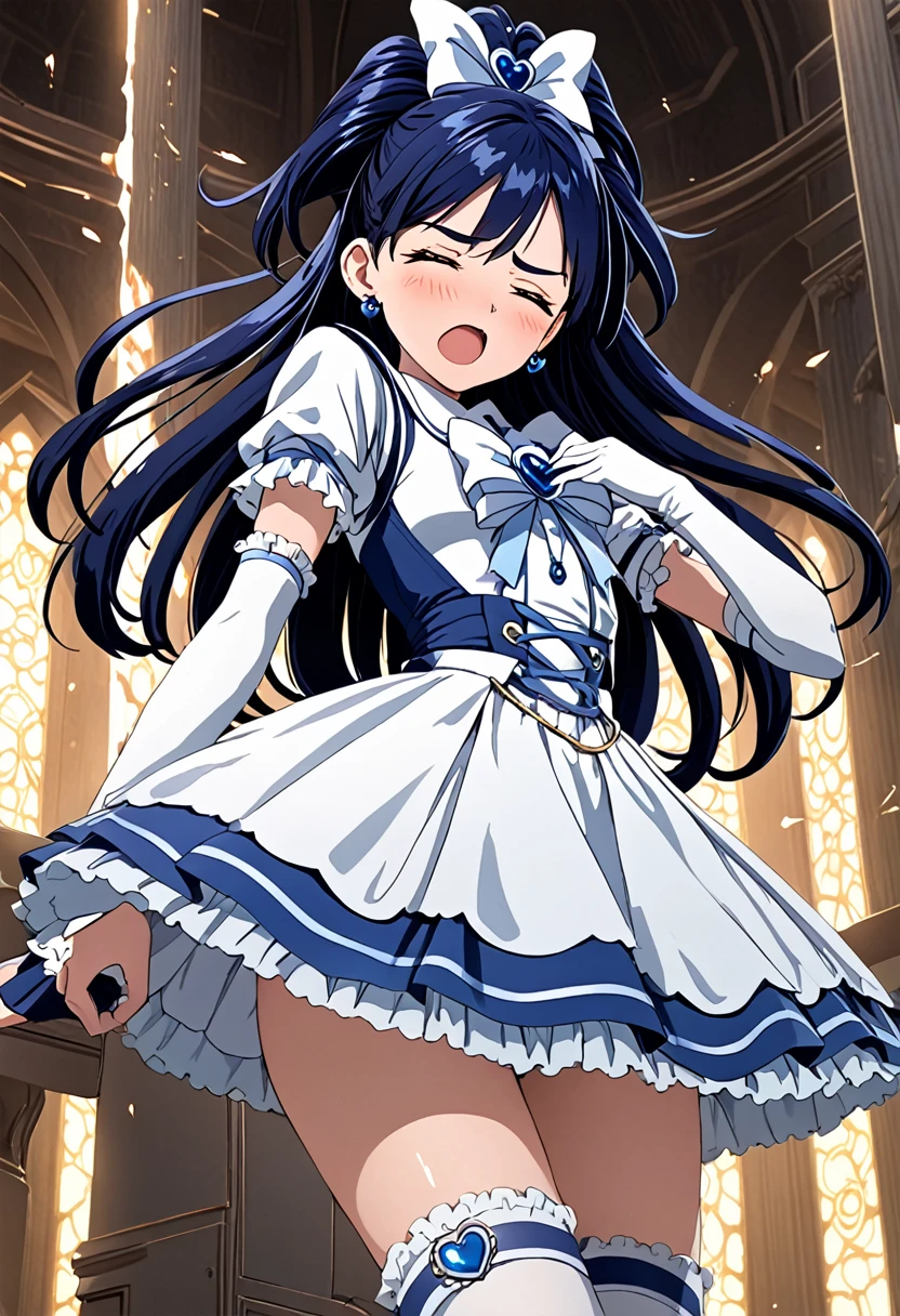 (She is suffering from being bitten on the arm by a man:1.5)、Cure White,hair ribbon,Chest ribbon,big ribbon, mini skirt, white choker, thigh straps, elbow gloves, heart brooch,Heart Earrings,detailed hair and outfit, long flowing dark blue hair, white and blue frilly dress, white gloves and boots, blushing, feeling pain, suffering from arm being bitten by enemy, dynamic and intense scene, background with sound waves, eyes closed, masterpiece, best quality, highly detailed background, perfect lighting, (beautiful, best quality: 1.1), masterpiece, perfect eyes, (beautiful), (erotic: 1.2)