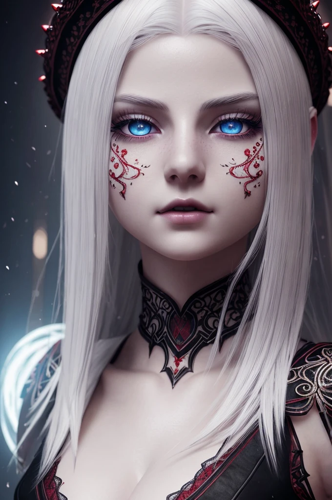 a white-skinned girl, full body, red glowing eyes, white hair, beautiful detailed eyes, beautiful detailed lips, extremely detailed eyes and face, long eyelashes, highly detailed, 8k, masterpiece, photorealistic, cinematic lighting, fantasy, dark, dramatic, surreal, gothic