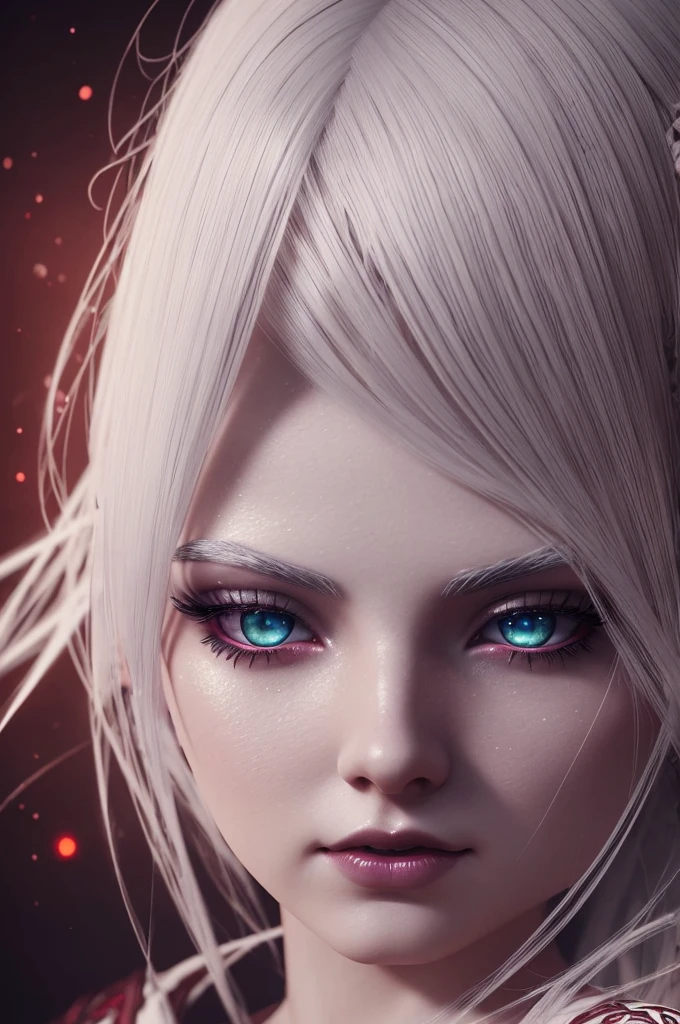 a white-skinned girl, full body, red glowing eyes, white hair, beautiful detailed eyes, beautiful detailed lips, extremely detailed eyes and face, long eyelashes, highly detailed, 8k, masterpiece, photorealistic, cinematic lighting, fantasy, dark, dramatic, surreal, gothic