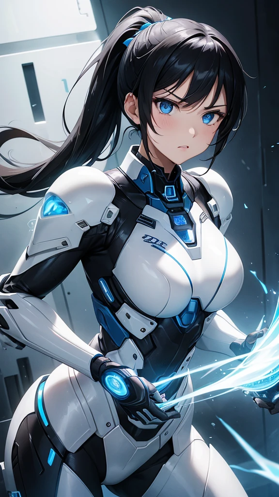 Sexy white cyborg suit、、beautiful girl、ponytail、Black Hair、fight、blue beam、A Cup、Angry expression