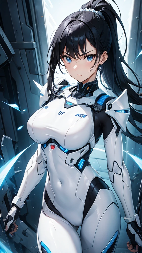 Sexy white cyborg suit、17 years old、beautiful girl、ponytail、Black Hair、fight、blue beam、A Cup、Angry expression