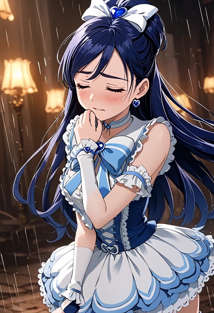 (She is suffering from being bitten on the arm by a man:1.5)、Cure White,hair ribbon,Chest ribbon,big ribbon, mini skirt, white choker, thigh straps, elbow gloves, heart brooch,Heart Earrings,detailed hair and outfit, long flowing dark blue hair, white and blue frilly dress, white gloves and boots, blushing, feeling pain, suffering from arm being bitten by enemy, dynamic and intense scene, background with sound waves, eyes closed, masterpiece, best quality, highly detailed background, perfect lighting, (beautiful, best quality: 1.1), masterpiece, perfect eyes, (beautiful), (erotic: 1.2)