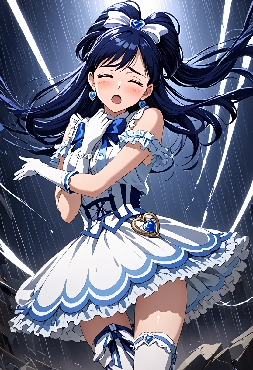 (She is suffering from being bitten on the arm by a man:1.5)、Cure White,hair ribbon,Chest ribbon,big ribbon, mini skirt, white choker, thigh straps, elbow gloves, heart brooch,Heart Earrings,detailed hair and outfit, long flowing dark blue hair, white and blue frilly dress, white gloves and boots, blushing, feeling pain, suffering from arm being bitten by enemy, dynamic and intense scene, background with sound waves, eyes closed, masterpiece, best quality, highly detailed background, perfect lighting, (beautiful, best quality: 1.1), masterpiece, perfect eyes, (beautiful), (erotic: 1.2)