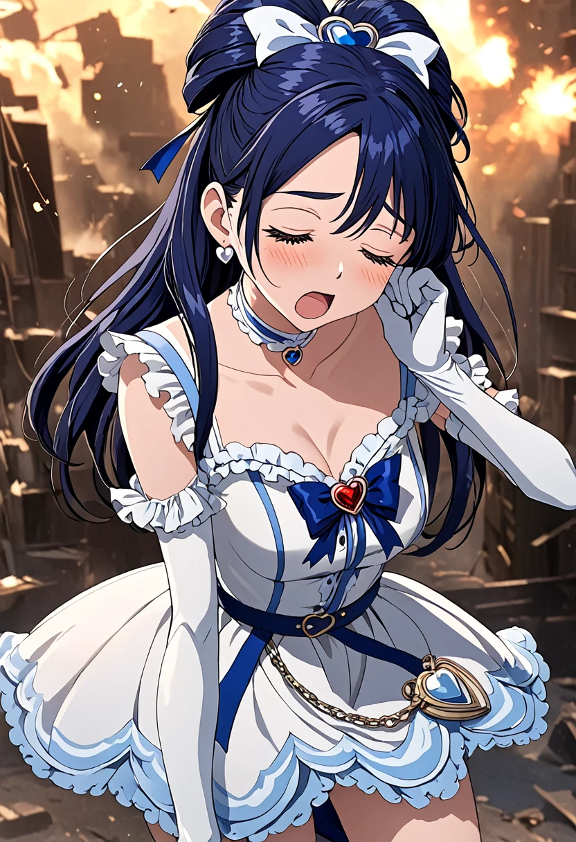 (She is suffering from being bitten on the arm by a man:1.5)、Cure White,hair ribbon,Chest ribbon,big ribbon, mini skirt, white choker, thigh straps, elbow gloves, heart brooch,Heart Earrings,detailed hair and outfit, long flowing dark blue hair, white and blue frilly dress, white gloves and boots, blushing, feeling pain, suffering from arm being bitten by enemy, dynamic and intense scene, background with sound waves, eyes closed, masterpiece, best quality, highly detailed background, perfect lighting, (beautiful, best quality: 1.1), masterpiece, perfect eyes, (beautiful), (erotic: 1.2)