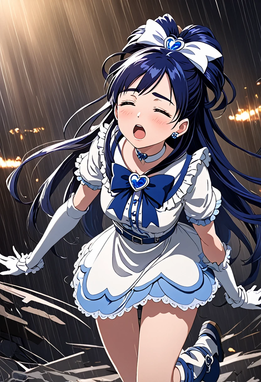 (She is suffering from being bitten on the arm by a man:1.5)、Cure White,hair ribbon,Chest ribbon,big ribbon, mini skirt, white choker, thigh straps, elbow gloves, heart brooch,Heart Earrings,detailed hair and outfit, long flowing dark blue hair, white and blue frilly dress, white gloves and boots, blushing, feeling pain, suffering from arm being bitten by enemy, dynamic and intense scene, background with sound waves, eyes closed, masterpiece, best quality, highly detailed background, perfect lighting, (beautiful, best quality: 1.1), masterpiece, perfect eyes, (beautiful), (erotic: 1.2)