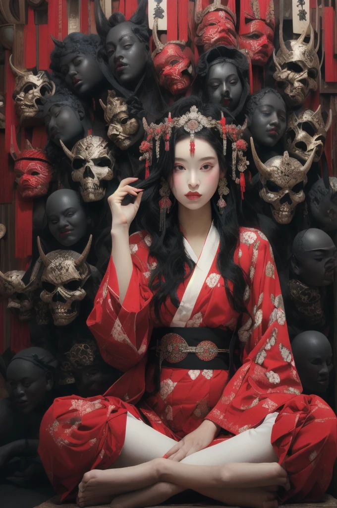 (masterpiece:1.2), Highest quality,
One girl, (((Spread your legs and show your vagina)))、Cross-legged、 Straight black hair, Red eyes, hair ornaments, hair , View your viewers, red 花, Long sleeve, Are standing, red dress, Holding, Wide sleeves, dress, with own hands, horn, skull, kimono, Robe
