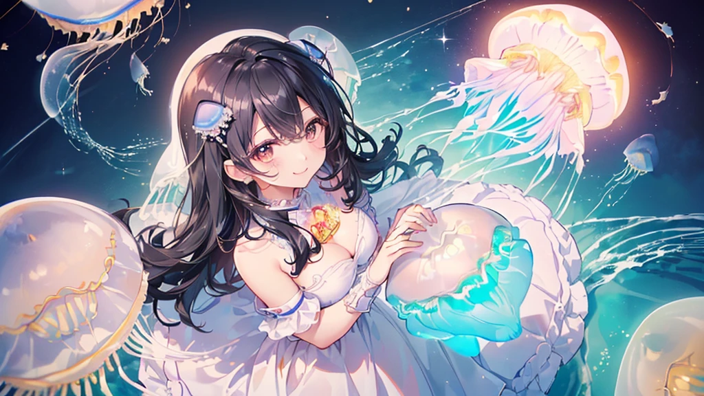 (((Highest quality、Cute moon jellyfish、masterpiece、Ultra-fine、Ultra-fine、Exquisite、16K、Black Hair、Full HD、Asahi、))) 、 ((((The best smile,Angle from above)))、((The best smile)) 、(A magnificent proposal