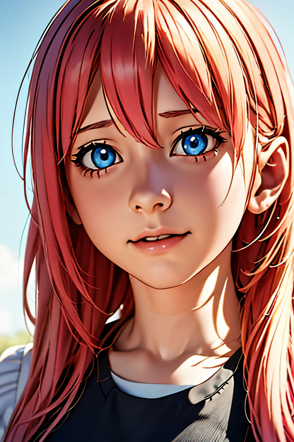 anime girl with pink hair and blue eyes wearing a vest, render of april, sayori, close up iwakura lain, 8k portrait render, render of a cute 3d anime girl, photorealistic anime girl render, smooth anime cg art, close up of a young anime girl, anime visual of a cute girl, rin, anime moe artstyle