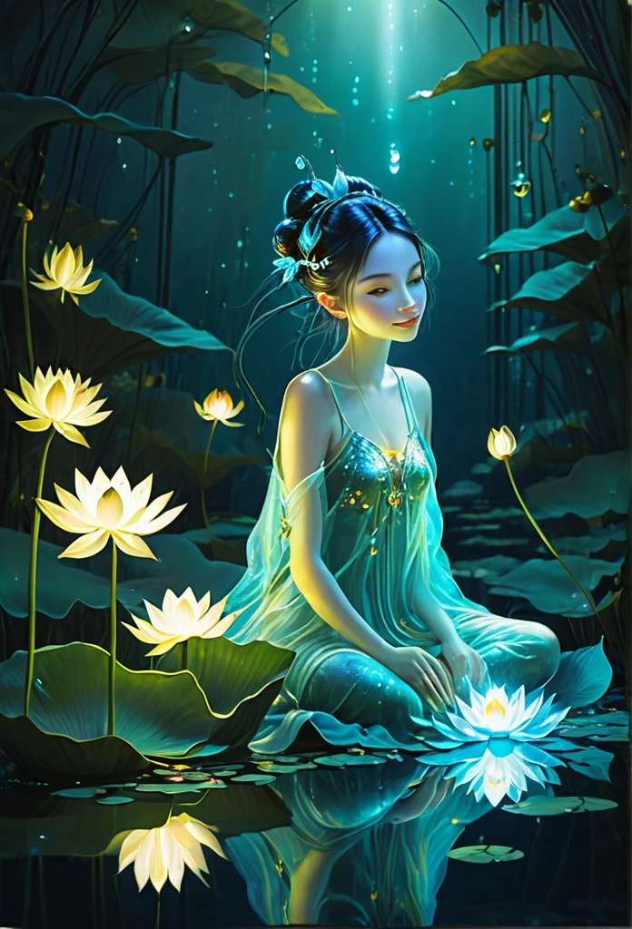 A bioluminescent fairy gracefully sitting on a lotus flower,high quality, bright water, bright night, fireflies