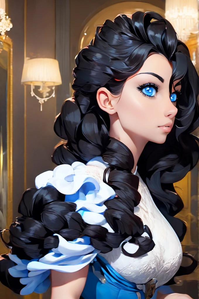best quality, masterpiece, black hair, blue eyes, looking up, upper body
