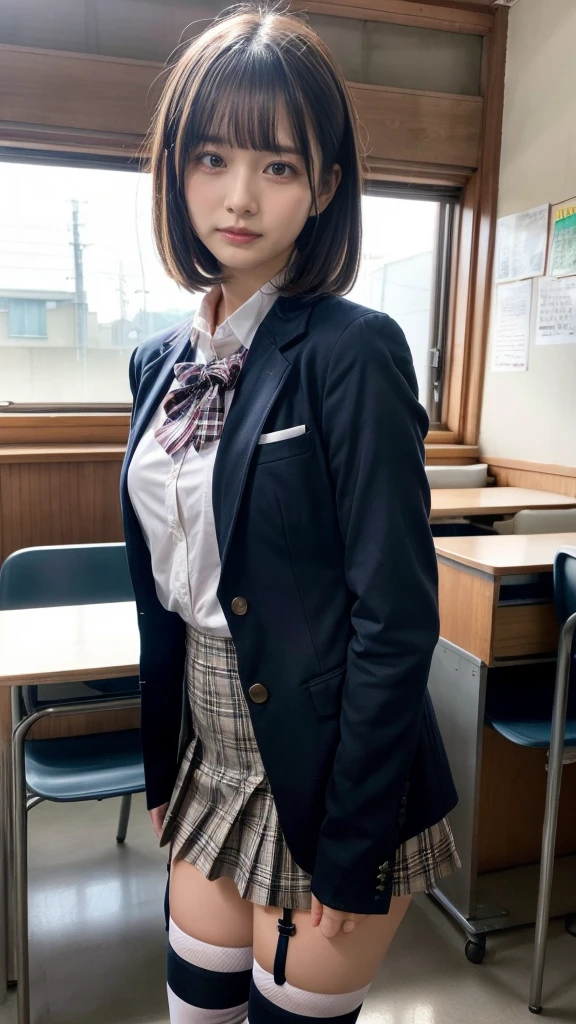masterpiece, Highest quality, figure, Very detailed, Fine details, High resolution, 8k,wallpaper, Perfect dynamic composition,(Detailed high quality, Realistic depiction of eyes:1.3), From the side, High school classroom、 uniform、blazer 、Super Short Check Uniform Skirt、Navy blue knee-high socks、garter belt、huge 、Disheveled uniform, Short Bob Hair, Black hair color, hugeな胸, Big Natural Color Lip, Bold sexy pose, Perfect figure, Crying a little、Cold Stare, Harajuku Style、15-year-old girl、Cute type, Beautiful feet, Gravure idol pose