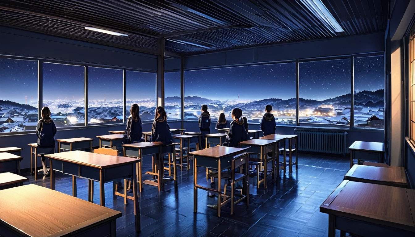 snowy, nightime. From his vantage point, school massive, japanese, Landscape, HDR, High Detailed, dark room. school. beautiful clean school. students getting ready to head home, evening,