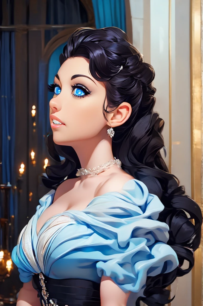 best quality, masterpiece, black hair, blue eyes, looking up, upper body