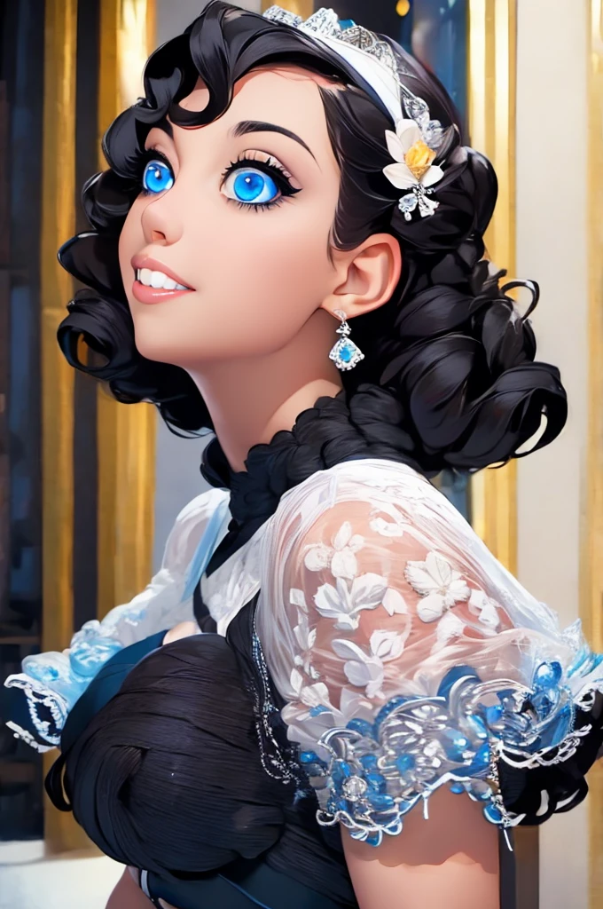 best quality, masterpiece, black hair, blue eyes, looking up, upper body