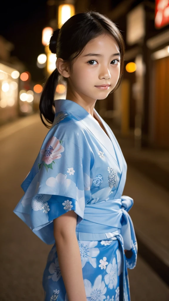 girl Japanese Light blue yukata Realistic Skin Ponytail night Fireworks