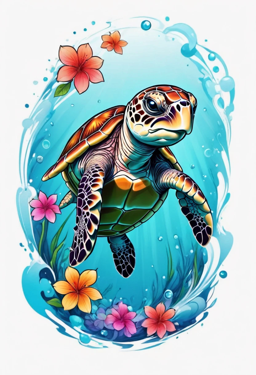 Chibi sea turtle, air bubble, flowers, vectorized contours, vivid color, splash of color, cute, illustrator, digitl art, image for t-shirt design, White background, ultra HD details, 