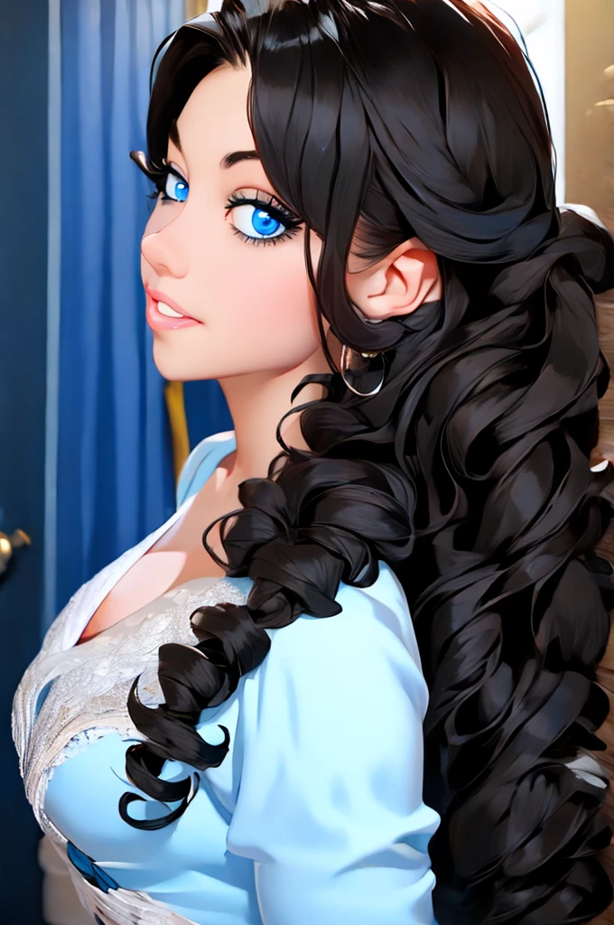 best quality, masterpiece, black hair, blue eyes, looking up, upper body