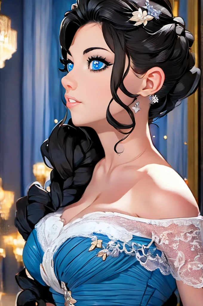 best quality, masterpiece, black hair, blue eyes, looking up, upper body