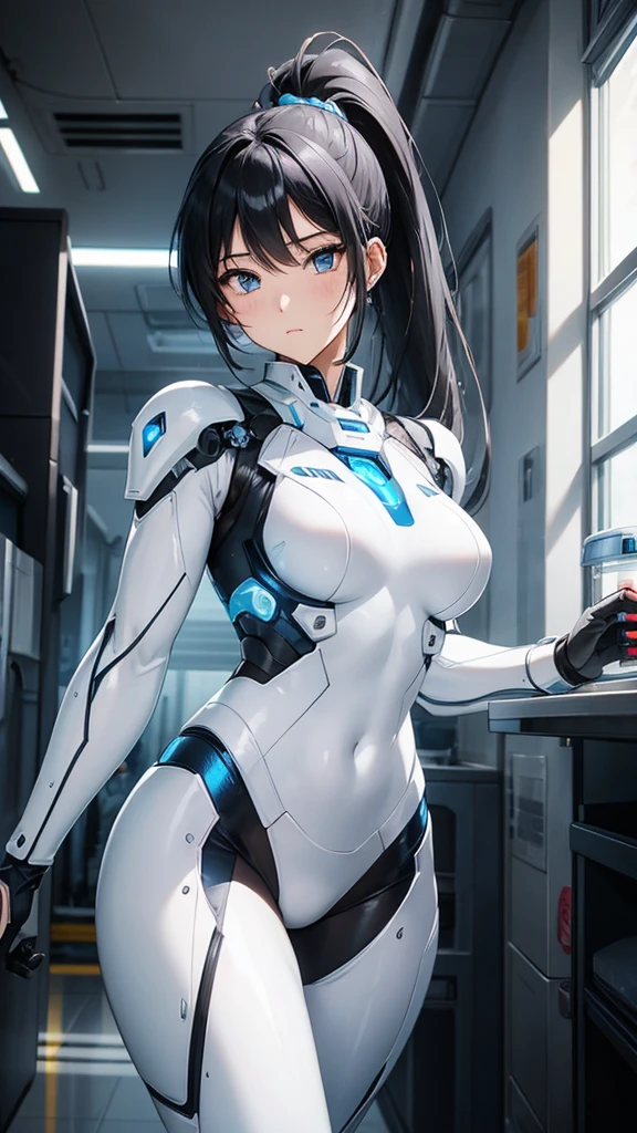 Sexy white cyborg suit、17 years old、beautiful girl、ponytail、Black Hair、fight、blue beam、A Cup