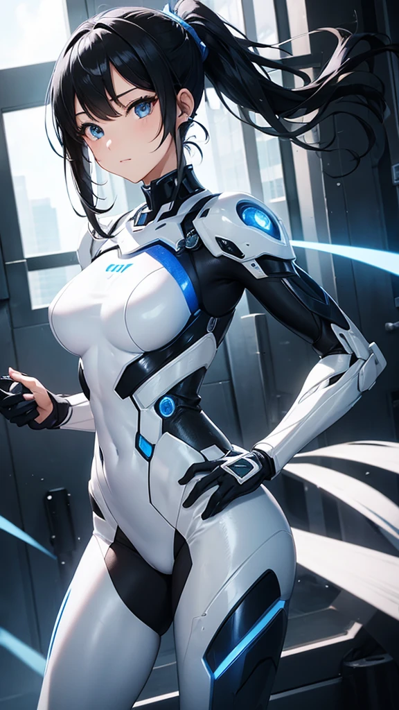 Sexy white cyborg suit、17 years old、beautiful girl、ponytail、Black Hair、fight、blue beam、A Cup