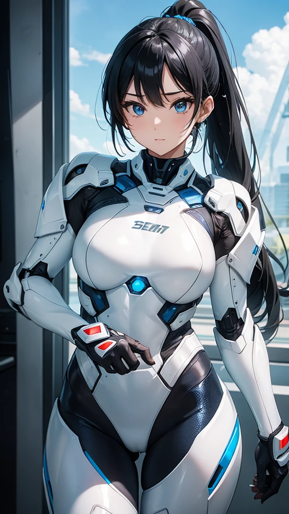 Sexy white cyborg suit、17 years old、beautiful girl、ponytail、Black Hair、fight、blue beam、A Cup