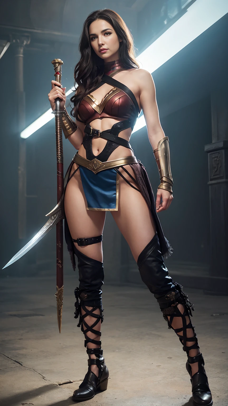 ((Full body photo, standing, feet on the ground)) a woman dressed as a warrior holding a sword, sexy painting of gal gadot, fishnet tights,, tyler edlin fantasy art, fantasy woman, gal gadot as hell lord, zenescope, a very beautiful berserker woman, magali villeneuve', as seen on artgerm, very beautiful female barbarian, artgerm julie bell beeple, 4k fantasy art