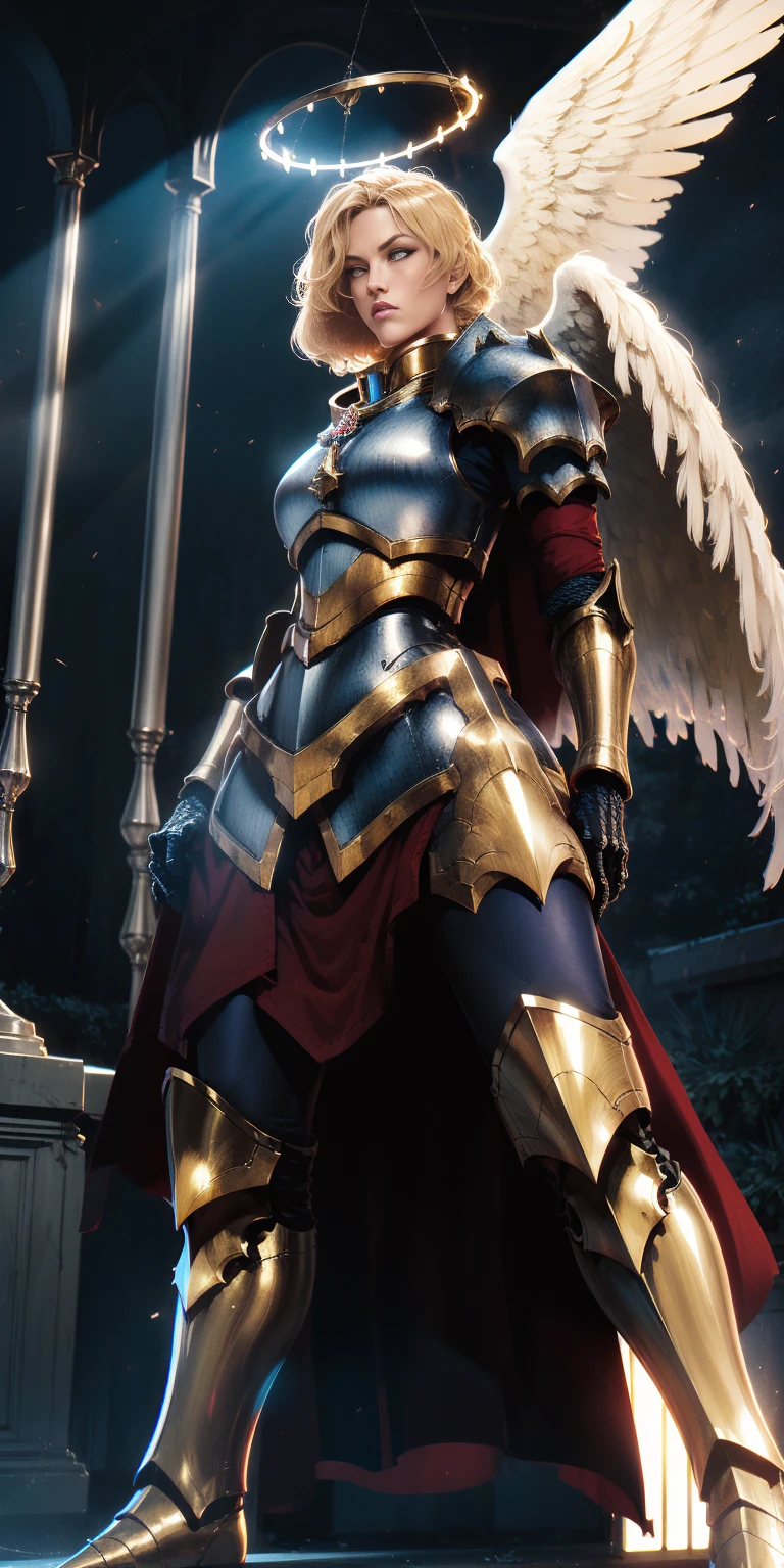 low angle, from below, paladin templar lady in white tabard, legwear, glowing yellow eyes, collar, golden chainmail, wide hips, barefoot, angel wings, pauldrons, halo, bob cut, blonde, eye focus, red cape, temple indoors, decorations, stained glass windows, night, particles, chromatic aberration, detailed, cinematic, dark scene, fantasy