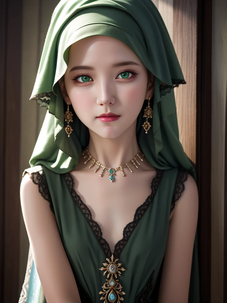 best quality, masterpiece, highres, moslem female blue dress, necklace, jewelry, Beautiful face, upon body, tyndall effect, photorealistic, dark studio, rim lighting, two tone lighting,(high detailed skin:1.2), 8k uhd, dslr, soft lighting, high quality, volumetric lighting, candid, Photograph, high resolution, 4k, 8k, Bokeh, (hyperrealistic girl), (illustration), (high resolution), (8K), (extremely detailed), (best illustration), (beautiful detailed eyes), (best quality), (ultra-detailed), (masterpiece), (wallpaper), (photorealistic), (natural light), (rim lighting), (detailed face), (high detailed realistic skin texture), (anatomically correct), (solo), (1 girl), (heterochromic eyes), (detailed eyes), (green eyes:1.37), (sparkling eyes), (long legs), (), (dynamic pose), (closed tiny mouth:1.3), (concentrated expression), (wearing hijab:1.4), moslem headscarf
