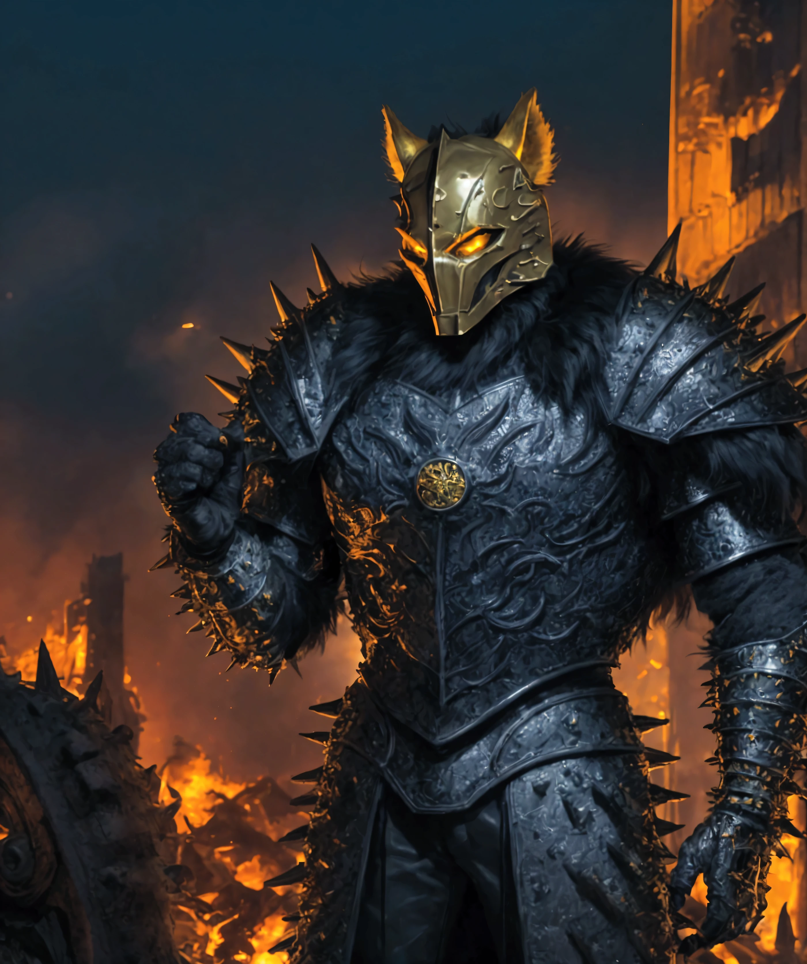 (extremely detailed 8k wallpaper), a medium shot photo of Grim dressed as a scary masked metallic yellow furry-supervillain in a metallic yellow spiked armour made of fur glowing armour with spikes from marvel, theme, intricate, high detail, dramatic, destroyed burning buildings in the background