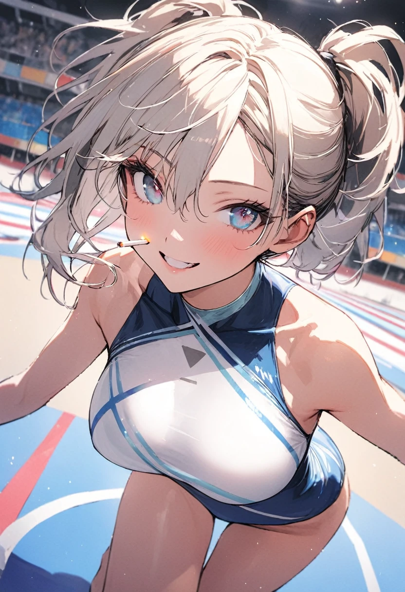 high quality,High resolution,16K,Sharp lines,1 girl,Female gymnast ,Cute Face, Large Breasts, Beautiful legs,At the gymnastics venue,Focus Girl,Beautiful face in every detail,Detailed clothing,Beautiful Eyes,nice,Dynamic Angle、Light a cigarette