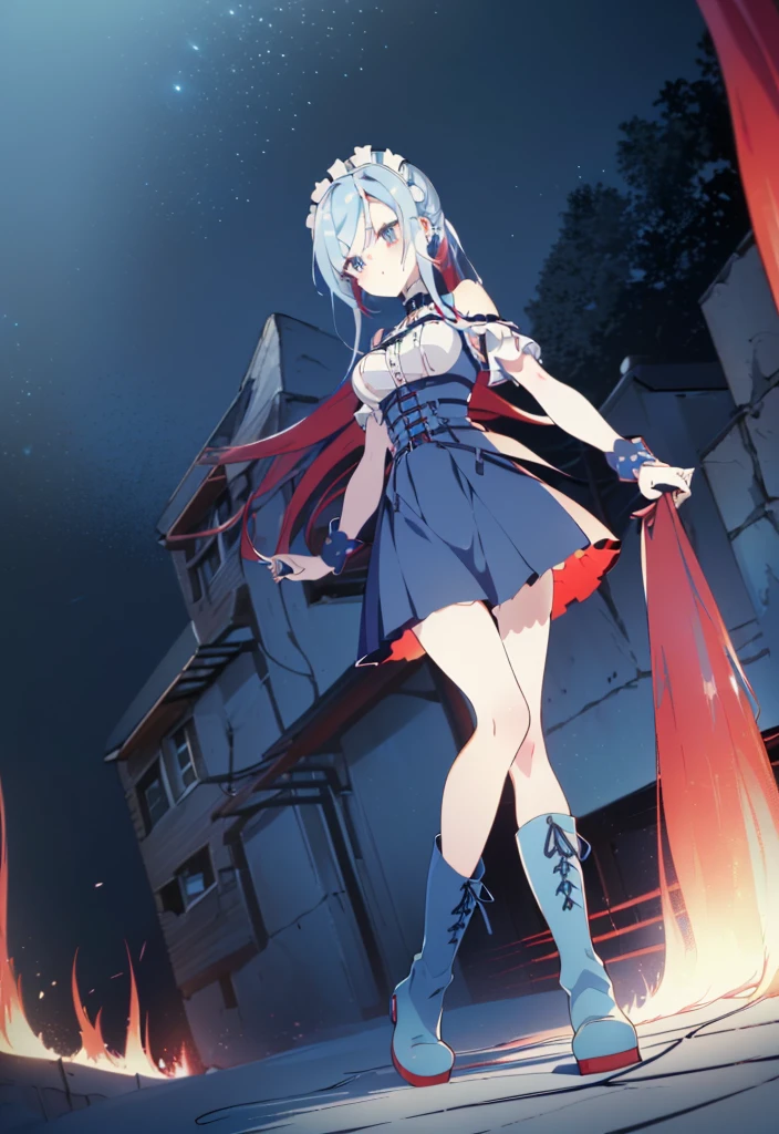 ((split-color hair , red hair , light blue hair)),[(cathedral background:1.4)::5],original,(illustration:1.1),(best quality),(masterpiece:1.1),(extremely detailed CG unity 8k wallpaper:1.1), (colorful:0.9),(mid shot:0.95),(full body:1.5),Dynamic angle,(solo:1.2), (girl),((adult)), (detailed beautiful eyes:1.15), (beautiful face:1.15), (glowing red eyes:1.25////),((medium hair)),((split-color hair , red hair , light blue hair)),(high twintails),(chignon),(+perfect hand+:1.21),(Draw an illustration of a gothic girl),(Religious),(slender),(is wearing boots on her feet),((is wearing white maid clothes)),(furious), Lace Off-shoulder lolita fashion,beautiful slender woman,high twintails,full body,mini skirt,((split-color hair , red hair , light blue hair)),((black long boots)),((mini skirt)),((adult)),((dynamic angle)),((split-color hair , red hair , light blue hair)),((split-color hair , red hair , light blue hair)),((black long boots)),((black long boots)),((split-color hair , red hair , light blue hair)),((split-color hair , red hair , light blue hair)),