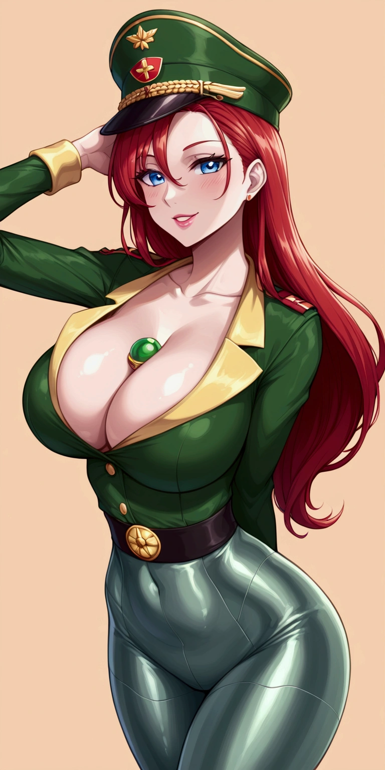 A Soviet military girl, tall, sexy, big breast, good, friendly, happy, long red hair, smooth, soft, blue eye, pink lip, she wears a metallic green top, a black patch on her chest, a yellow ribbon on her waist, and her pants, a big metallic green thigh, a sensual big yellow boot, wearing a black Soviet winter cap.