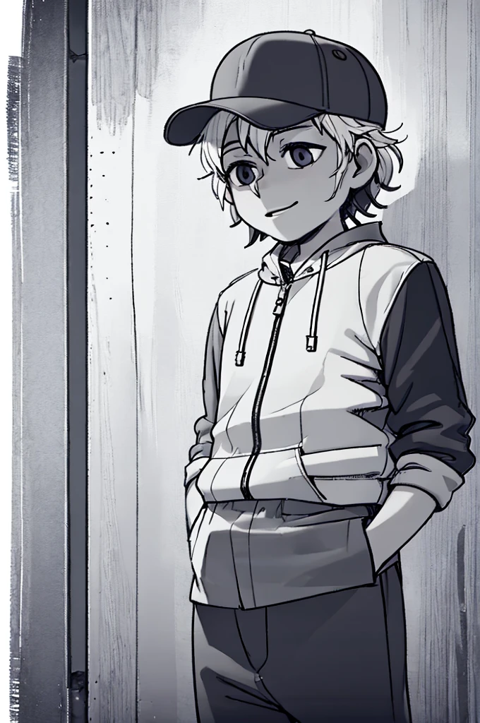 (((Masterpiece))), best quality, cowboy shot, perfect anatomy, ((realistic faces)), realistic anatomy, painterly, 1boy, (((shota))), solo, fanny pack, wavy hair, short hair, jacket, three quarter view, simple background, white background, hand in pocket, cap