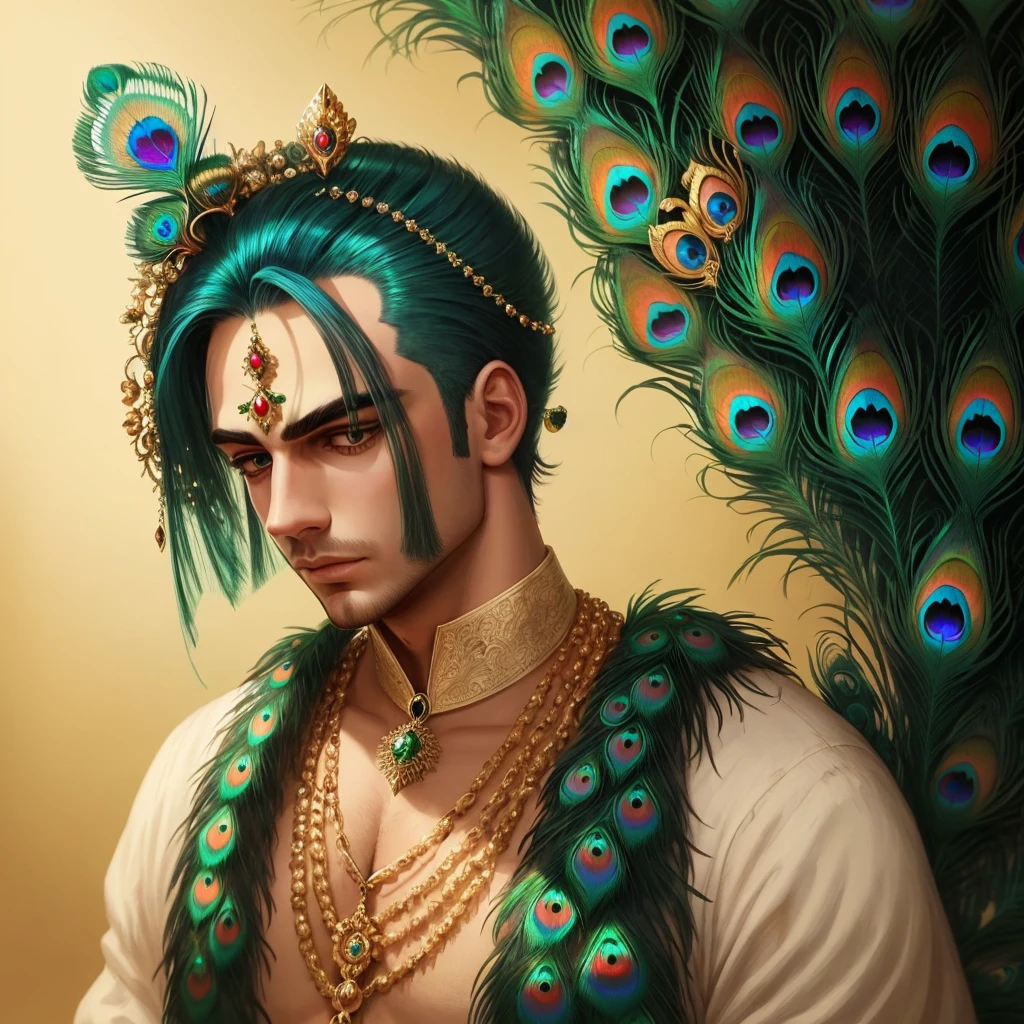 a peacock feather on his forhead with the jewel