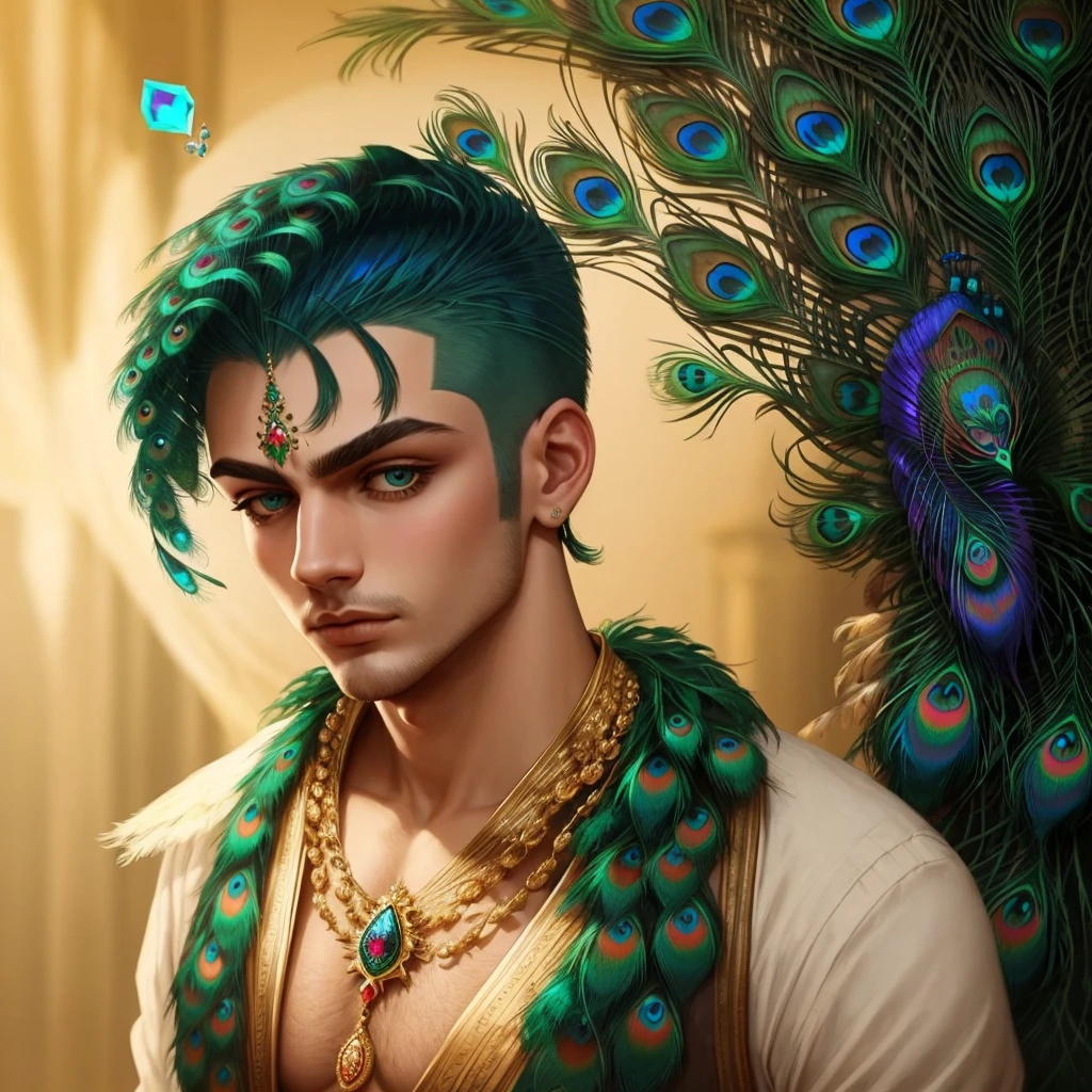 a peacock feather on his forhead with the jewel
