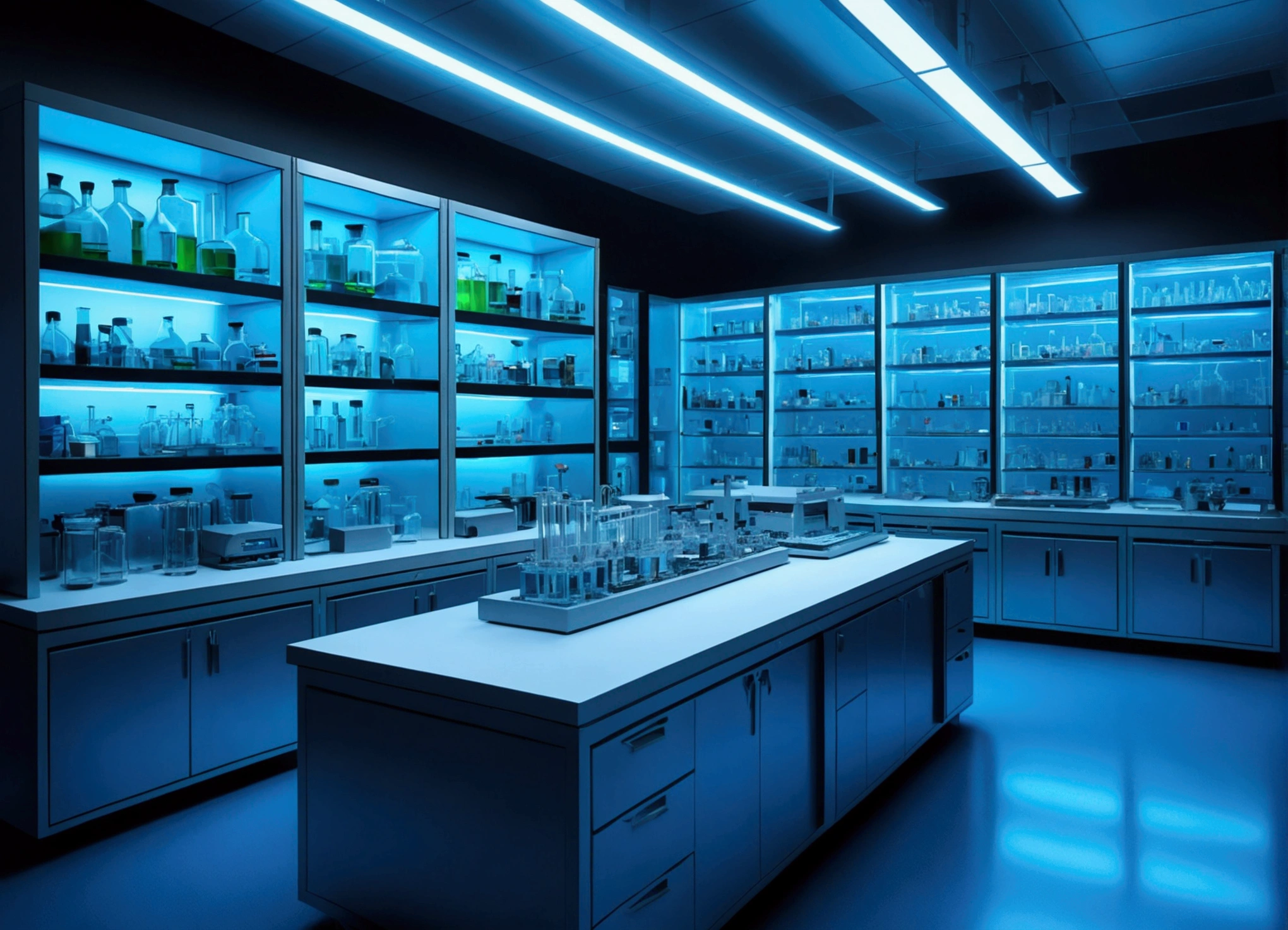 hyperrealistic research laboratory , detaileds, neon blue