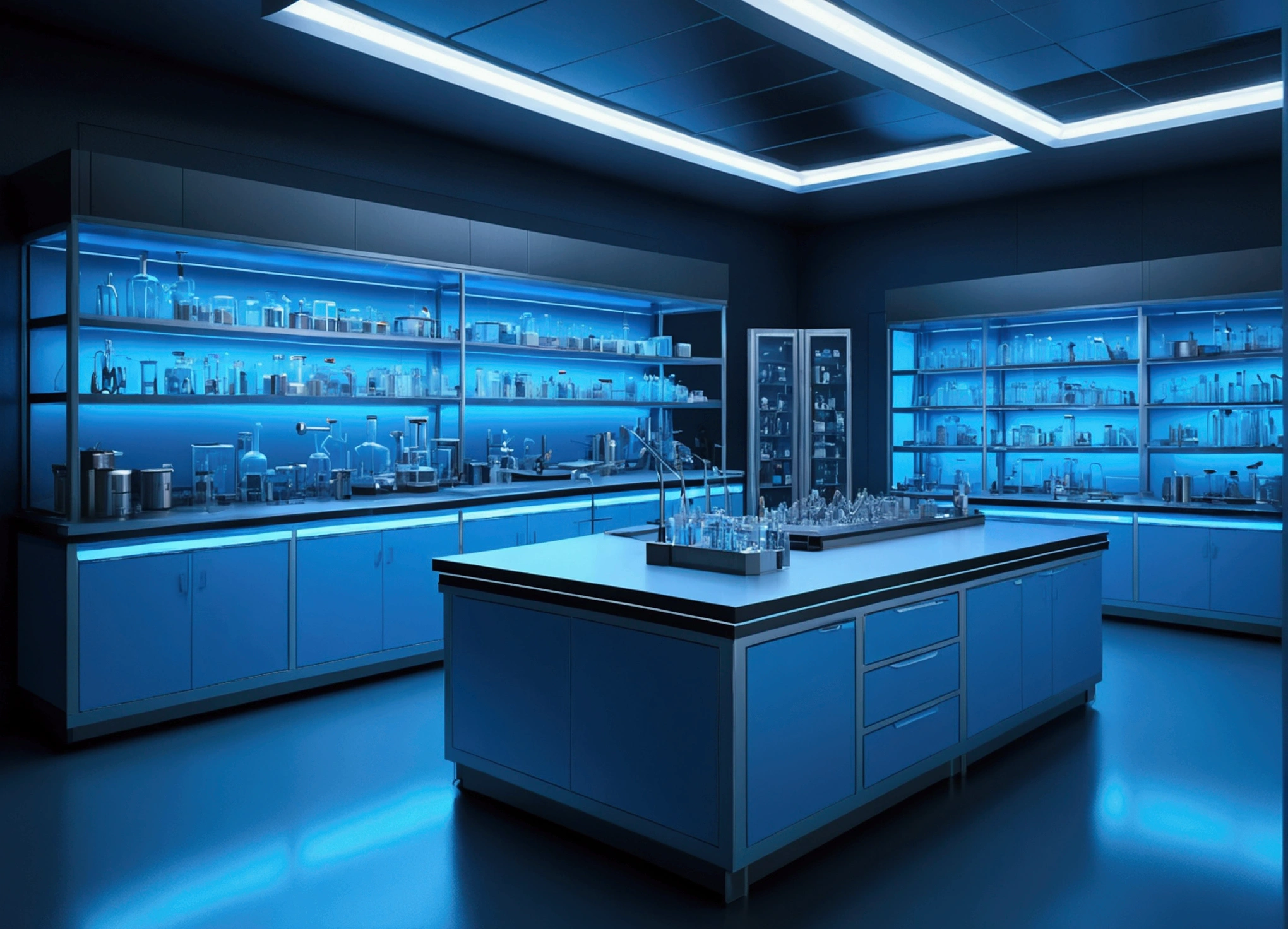 hyperrealistic research laboratory , detaileds, neon blue