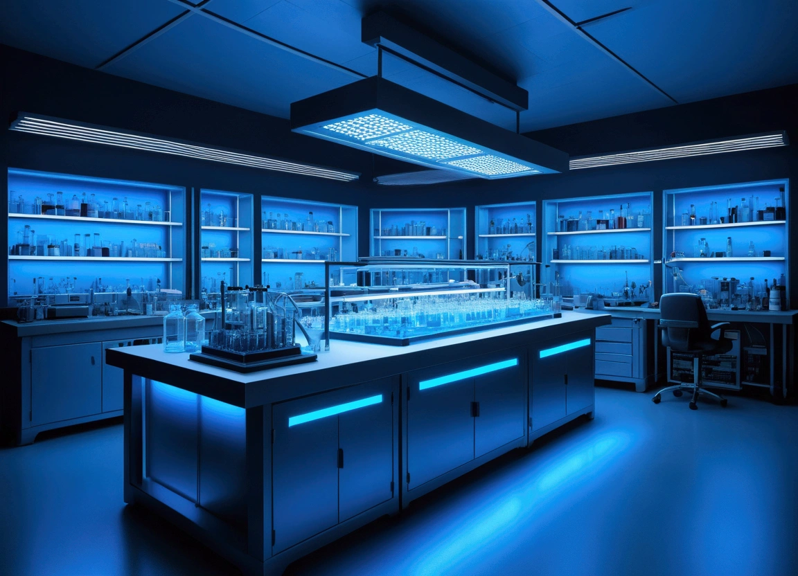hyperrealistic research laboratory , detaileds, neon blue
