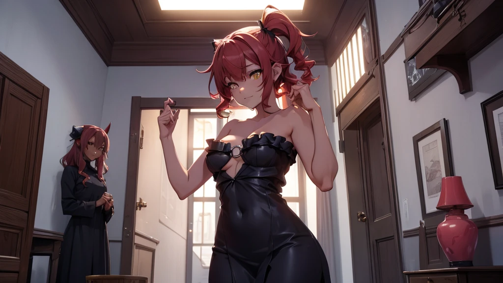 Best god quality, NO EXTRAS, detailed, a dark room with moonlight shining in, no windows, dark bedroom, minimal lights, confident succubus girl, succubus in long dress, perfect anatomy, She is alone in a room at night, exposed thighs, inside bedroom, she's standing alone in an empty room, inside a bedroom, pointy ears, dark skin, she has red hair, cute, big yellow eyes, looking at camera, red wavy hair, red hair, looking at viewer, cute, adorable, solo, yellow eyes, slender dress, mischievous look, excited expression, smug, (((SOLO))), (girl in middle standing in middle)